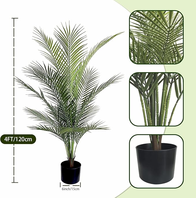 Artificial Palm Tree 4FT Fake Palm Tree with 15 Trunks Perfect Faux Dypsis Lutescens Plants in Pot for Indoor Outdoor House Home Office Garden Modern Decor Housewarming Gift (2Pack)