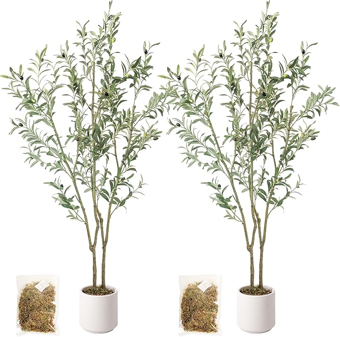 Artificial Fake Olive Tree 5FT Tall 2Pack with White Planter Faux Silk Olive Tree for Home Living Room Office Decor Faux Artificial Plants Indoor with Fruit & Free Moss
