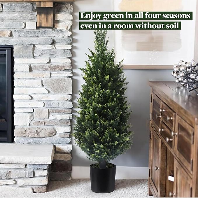 37 Inch Set of Two，Artificial Cedar Topiary Tree, for Indoor & Outdoor Decoration, UV Protection Potted Shrubs for Front Door, Beautiful and Lifelike Tree(37 Inch)