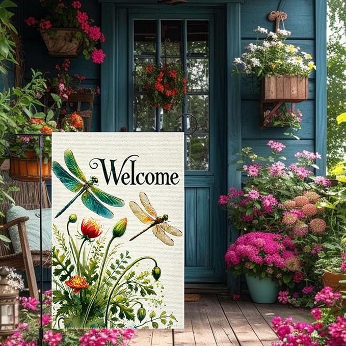 Hello Spring Summer Tulip Dragonfly Garden Flag 12x18 Inch Double Sided Burlap Seasonal Wildflowers Outdoor Lawn Rustic Farmhouse Home Yard Flags Decor