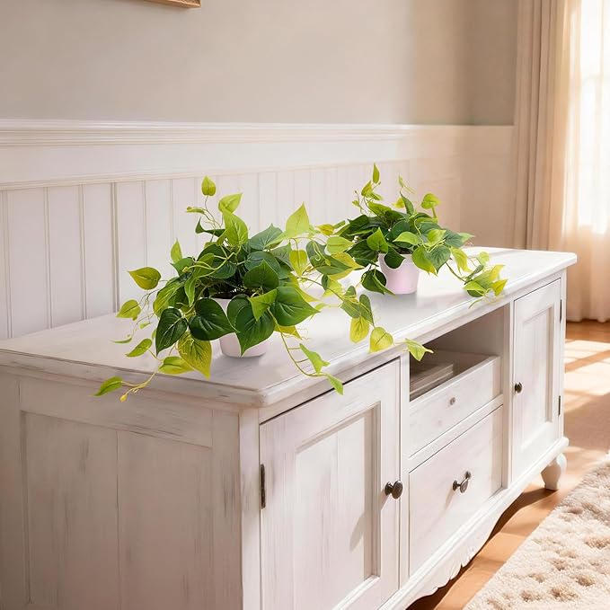 alyptus Fake English Ivy Plants in Pots Set of 2 – Realistic Artificial Ivy Greenery for Home Decor, Tabletop, Office, Shelf, Balcony or Bathroom - Green with White Pots