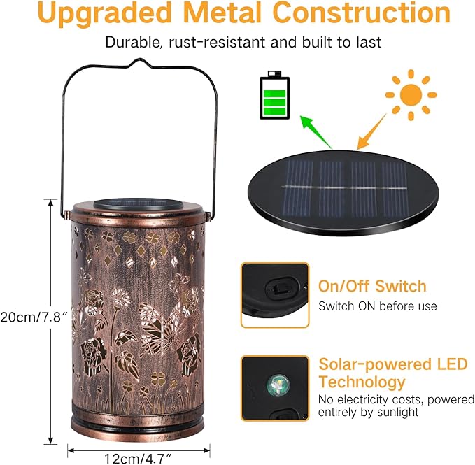 OUTONLIFE Butterfly Solar Lanterns Outdoor Waterproof, Metal Hanging Solar Lights for Outside Garden, Yard, Patio, Backyard, Porch Decor, Birthday Gifts for Women Mom Grandma