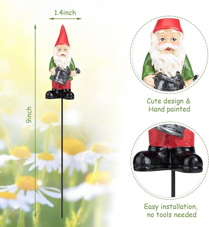 Garden Gnome Statue, Resin Miniature Gnome Set of 4PCS, Figurine with Garden Stakes for Lawn Patio Yard Outdoor Home Decor