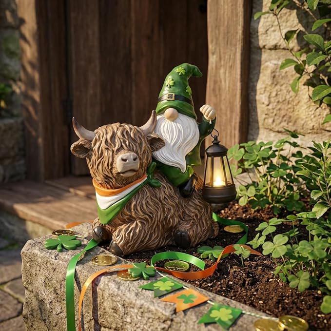 TERESA'S COLLECTIONS St Patricks Decorations for Outdoor Decor,Gnomes Resin Riding Highland Cow and Holding Lantern with Solar Lights for Outside,Shamrock Leprechaun Figurine, Irish Gifts,8.7"
