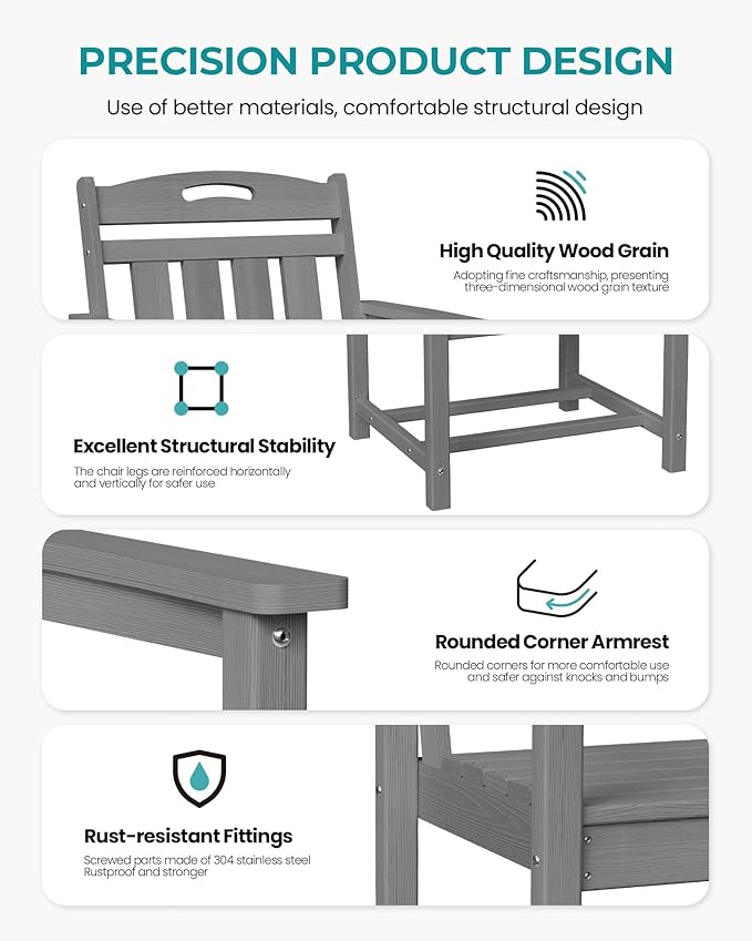 Outdoor Patio Dining Chair - All-Weather Fade-Resistant HDPE, Low Maintenance - for Garden, Backyard, Deck - Grey