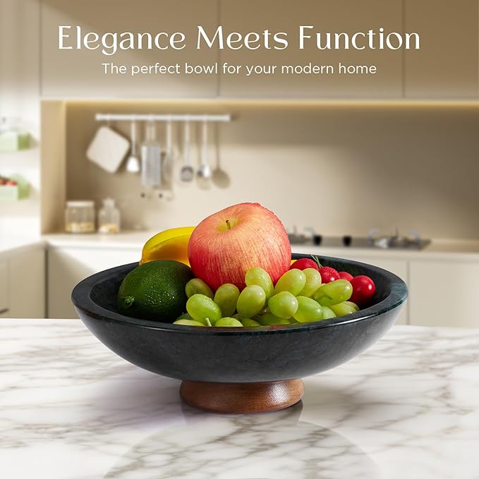 SAMAH Green Marble Fruit Bowl with Acacia Wood Pedestal, Large Decorative Footed Bowl, Natural Stone Centerpiece for Kitchen Counter, Entryway, Keys, Dining Table, House Warming Gifts New Home(11Inch)