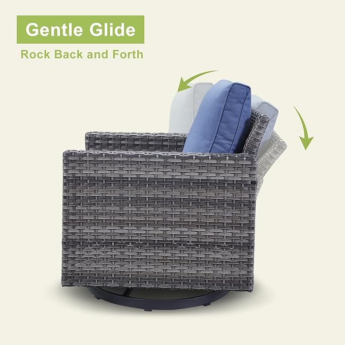 Rilyson Wicker Outdoor Patio Furniture Set - 7 Piece Patio Conversation Set with 4 Swivel Rocker Chairs,2 Rattan Ottoman and 1 Couch for Outside Porch Deck Backyard(Mixed Grey/Blue)