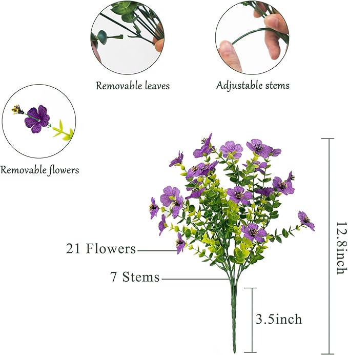 BCBLF Faux Flowers for Outdoor Planters, Artificial Flowers for Outdoors, 12 Bundles Outdoor Indoor Uv Resistant, Artificial Flowers for Decoration, White Silk Faux Spring Flowers for Outside, Purple