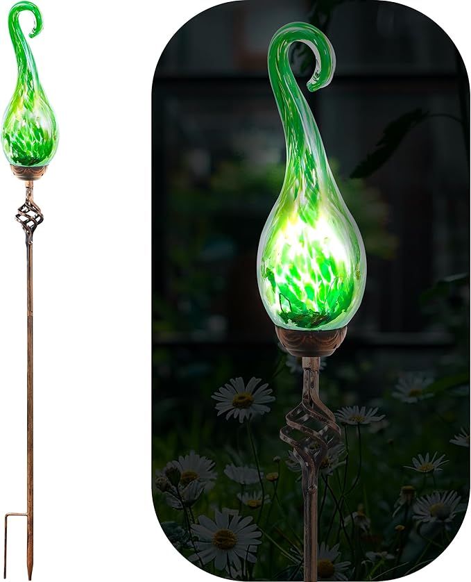 Naboher Garden Solar Lights Outdoor, Decorative LED Pearlized Glass Spiral Garden Stake with Finial, Hand Blown Glass and Metal Outdoor Decoration, 3 x 36 Inch (Green)