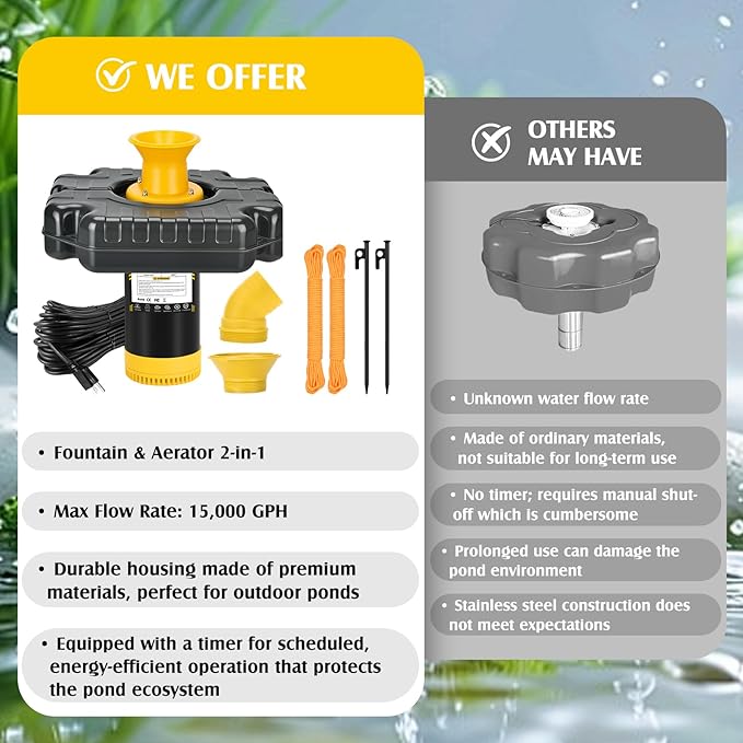 Pond Fountain Aerator Burnvale BU-F4, 1HP 15000 GPH Floating Pond Aerator Fountain with 100FT Power Cord, Timer, 2x100FT Traction Rope for Large Ponds, Lakes, Farm, Ranch, Outdoor Large Fish Pond