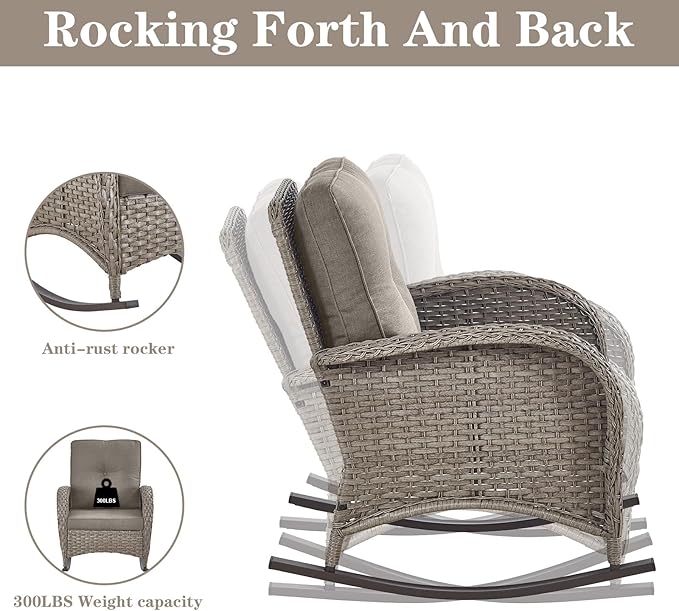 Belord Patio Furniture Set with Fire Pit Table - 8 Piece Outdoor Wicker Furniture Set with 43" 50000 BTU Propane Fire Pit and Rocking Chairs Patio Conversation Set for Patio Outside Backyard Grey
