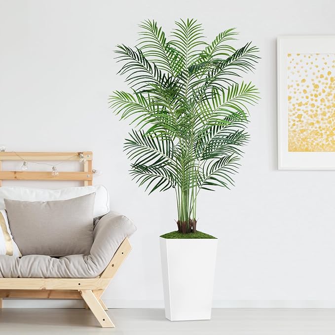 6ft Artificial Palm Tree with White Planter-Tall Artificial Indoor Plants, Fake Tropical Palm Tree, Faux Silk Plants for Home Office Living Room Bedroom Modern Decor