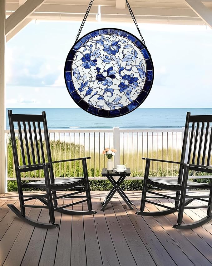 AMDERVEN Stained Glass Window Hanging, Blue and White Abstract Flowers Sun Catcher for Door Home Decor Suncatcher Christmas Mother's Day Birthday Gifts for Women Men Mom and Nana 6.3 in
