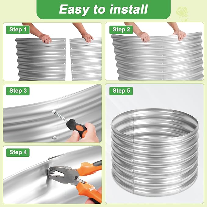 AHEONLAR 2x2x0.97ft Round Galvanized Raised Metal Garden Bed Kits, Large Metal Planter Outdoor for Vegetables, Fruits, Flowers and Herbs, Silver