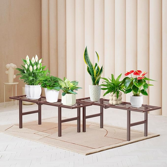 jsyonii 2 Pack Metal Plant Stand Outdoor Indoor, 1 Tier Folding Tiered Flower Plant Shelf, Heavy Duty Ladder Multiple Pot Display Plant Rack for Patio Garden Balcony Windowsills, Brown