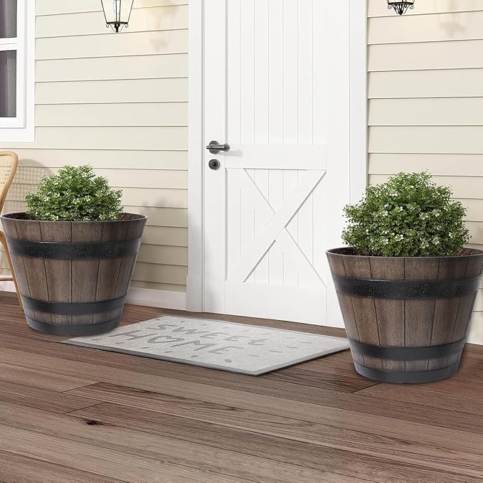 WEICHENGXING Large Plant Pots, 22.25 Inch 2 Pack Plastic Whiskey Barrel Planters, Big Flower Pots Wine Barrel Design for Outdoor Indoor, Garden, Porch, Patio, Backyard