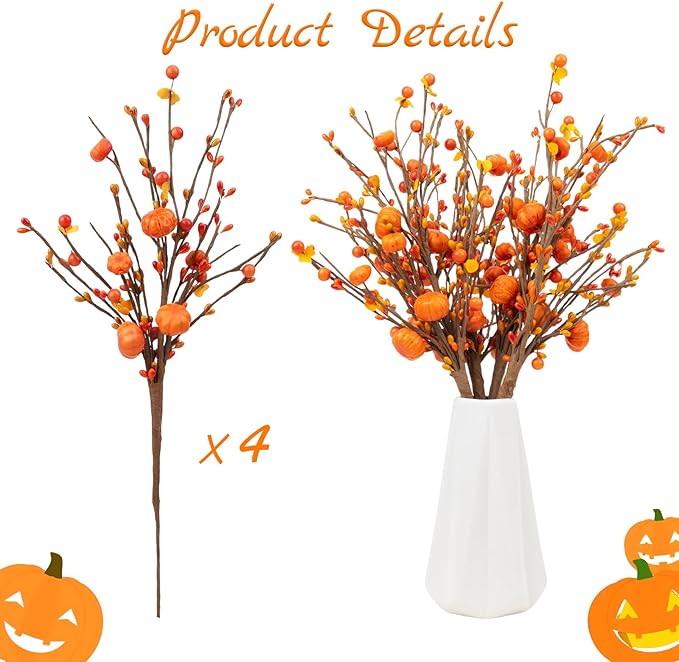4Pcs Fall Artificial Berry Stems Orange Pumpkin Picks Fall Floral Picks Autumn Decor Thanksgiving Harvest Home Vase Festival Pumpkin Decor Thanksgiving Decorations
