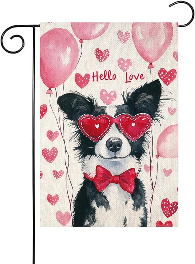 Valentine's Day Border Collie Hello Love Garden Flag, House Yard Plaid Love Heart Outside Decoration, Spring Holiday Wedding Anniversary Outdoor Small Decor 12x18(12622)
