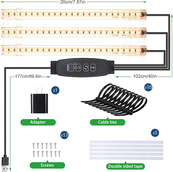 3 Head 7.8 Inches LED Grow Light Strips, Grow Lamps for Indoor Plants Full Spectrum 3000K, 72 LEDs Plant Light Strips with 3/9/12H Timer, 10 Dimmable Levels for Seedling Succulent