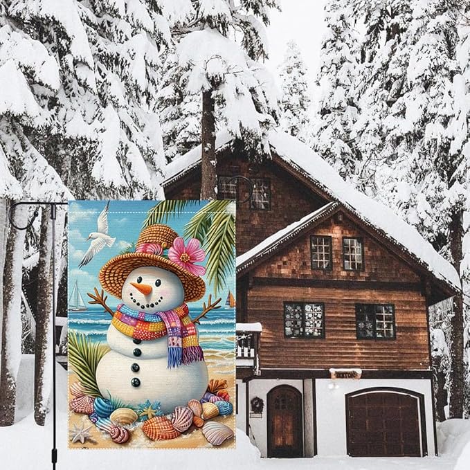 Tropical Christmas Snowman Garden Flag 12x18 Inch Double Sided Burlap Beach Holiday Yard Decor Summer Santa Outdoor Winter House Banner for Patio Porch Lawn Seaside