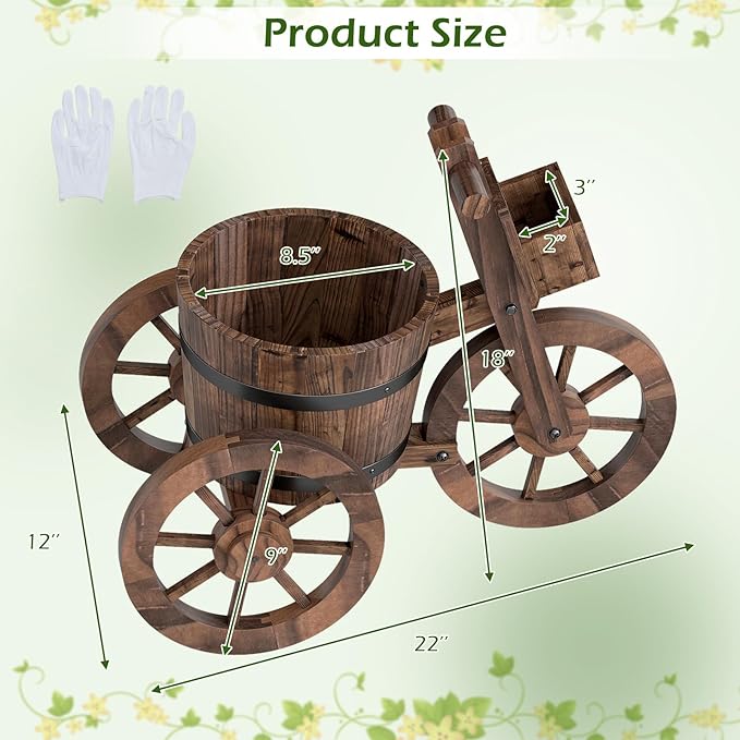 Giantex Wooden Wagon Planter with Wheels Set 2, Rustic Wood Plant Stand with Drainage Hole for Flowers Herbs Vegetables, Indoor Outdoor Decorative Garden Flower Cart for Patio Backyard Balcony