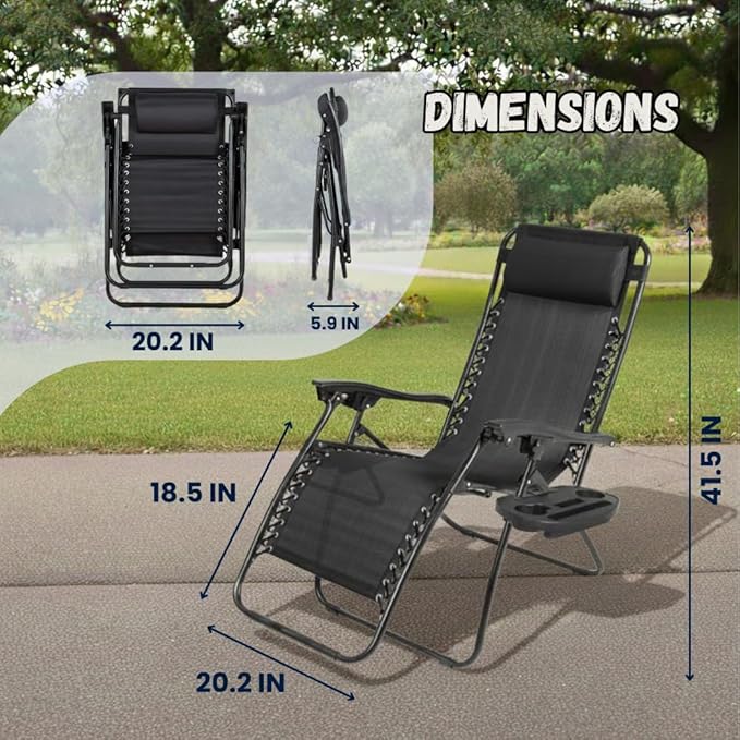 EZONE 1 - Chair Zero Gravity Lounge Chair Outdoor Adjustable Reclining Patio Chair Steel Mesh Folding Recliner for Pool Beach Camping Lounge Chair with Pillow and Cup Tray (1, Black)