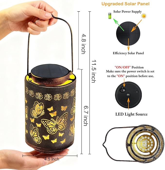 Outdoor Solar Lanterns Waterproof, Monarch Butterfly Decorations, Hanging Metal Butterfly Solar Lantern, Romantic Gift for Her, Valentine’s Day, Birthday or Anniversary Gift for Women Mom