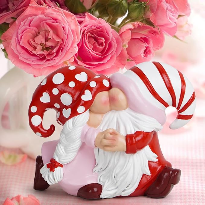 Hodao Valentine Gnome Couple Figurine - Hand-Painted Resin Kissing Gnomes with Heart Polka-Dot and Candy-Cane Hats - Romantic Decor and Gift for Anniversary or Wedding, Tiered Tray, Mantel, Tabletop