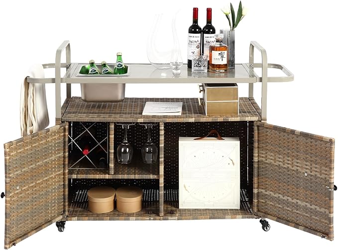 Outdoor Bar Cart with Cabinet, 51.57" Patio Serving Cart with Steel Top, Built-in Ice Bucket, Side Basket & Lockable Wheels for Garden, Backyard & Poolside, Beige