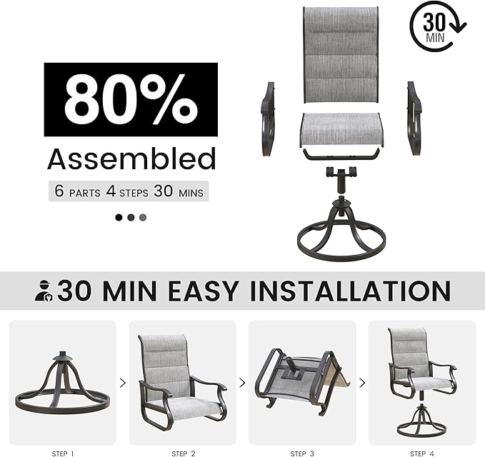 Patio Swivel Chairs Set of 6, Outdoor Dining Chairs with High Back, All-Weather Swivel Rocker Chair for Lawn, Porch or Garden (Padded Grey)
