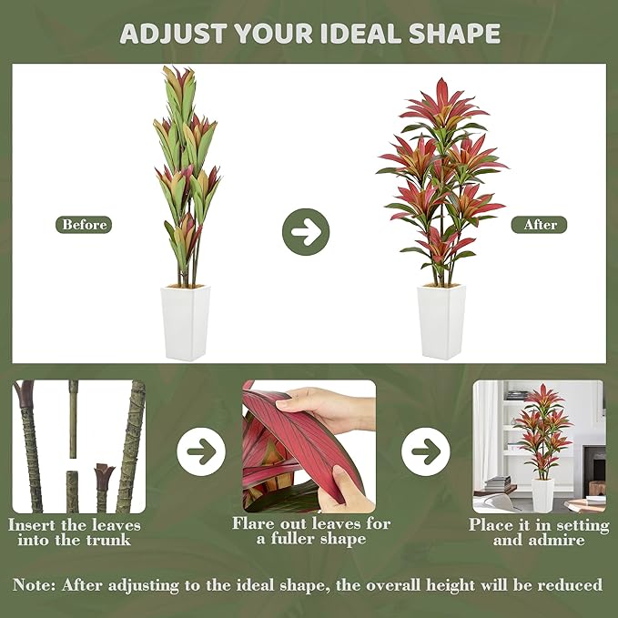Roselywed Artificial Red Dracaena Tree 6FT with 114 Leaves & 7 Heads & White Tall Planter Cover with Coconut Fiber Tall Faux Tropical Silk Bicolor Plant 72 Inch for Indoor Home Office Porch Mall Decor