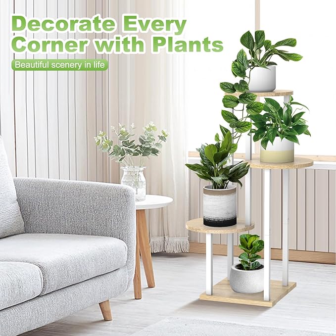 YOCOMEY Plant Stand Indoor, 4 Tier Thickened Metal Corner Plant Shelf for Multiple Plants, Indoor Plants Tiered Flower Pot Stand for Patio Garden Balcony Living Room Bedroom (White Oak)