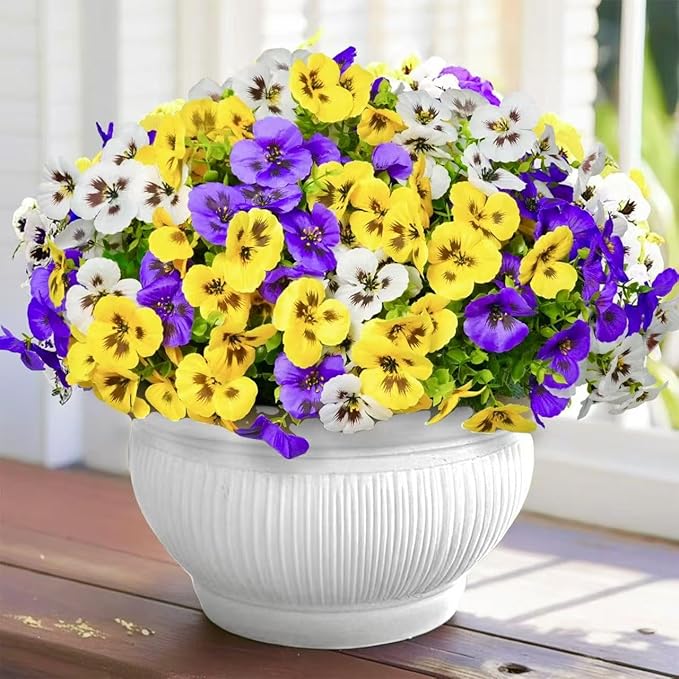 SupBri Artificial Flowers for Outdoor, UV Resistant Silk Fake Pansy Flowers, 12 Bundles Artificial Plants for Outdoor Planters Home Garden Office Patio Front (Yellow,Purple,White)