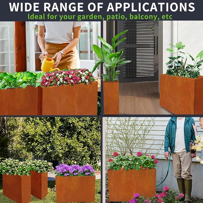 Megawodar Metal Tall Long Planter Box Large Rectangular Planter Flower Pot with Drainage Holes for Indoor Outdoor Deck Porch Garden Home Patio Front Door (Rusty Orange, M)