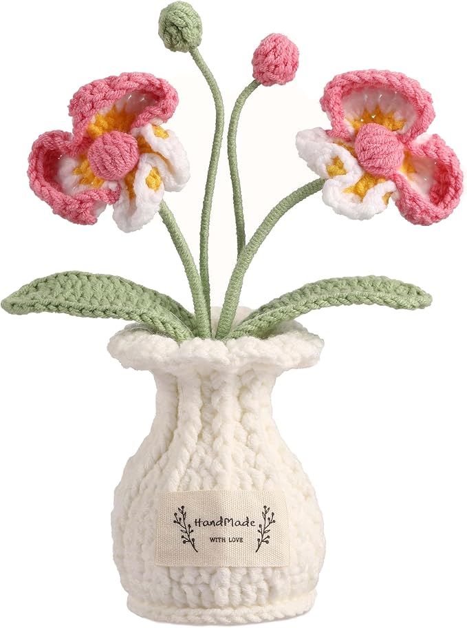 YOOJEE Orchid Crochet Flower Pot Deep Rose Handmade Knitted Phalaenopsis Desk Decor for Home Office
