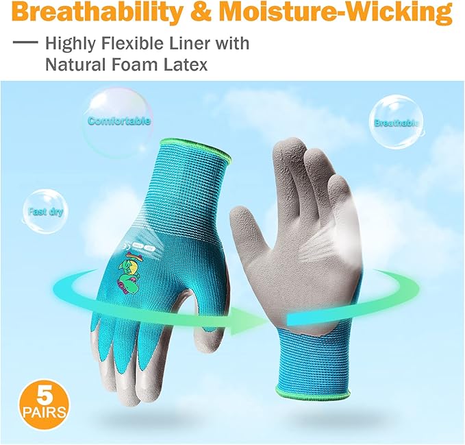 5 Pairs Kids Gardening Gloves Yard Work Gloves Children Soft Safety Rubber Coated Glove for Toddlers Youth Girls Boys Children (9-12yr L)