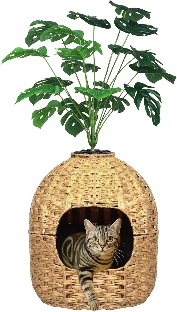 Hidden Cat Litter Box Plant Furniture Enclosure House w/ Faux Plant, Decorative Handwoven Rattan Round Planter Cat Bed for Indoor Cats w/ Odor Control Filter, in Living Room Bedroom Corner Natural