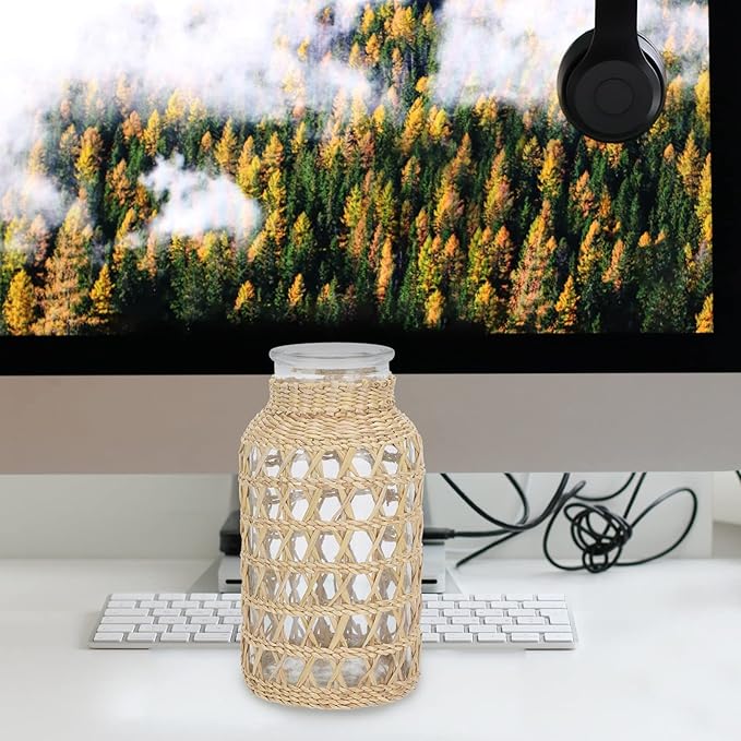 Cabilock Small Clear Flower Vase with Rattan Woven Cover Flower Bud Container for Farmhouse Floral Arrangements Housewarming Party Decorations (3.2x3.2x6.2 inch)