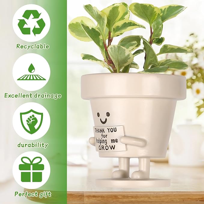 KIUGCO Funny Smiley Face Planter Pots with Drainage - Unique Cute Resin Flower Pot for Indoor Outdoor Plants Succulents Cactus Teacher Appreciation Gifts