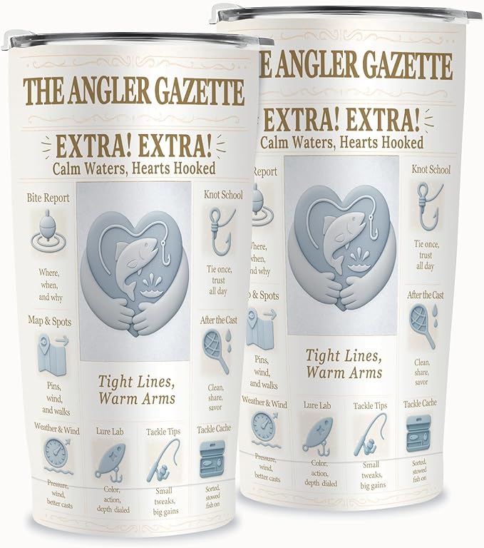 Fishing Gifts Fisherman Tumbler 20oz, Stainless Steel Vacuum Insulated Skinny Travel Mug – Vintage Newspaper Angler Art, Embossed Fish & Hook Icons, Cup Holder Friendly, Fishing Gift for Men, Dad