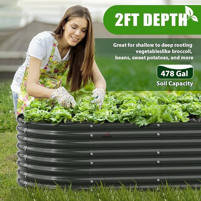 A ANLEOLIFE 6-Set 8X4X2 ft Galvanized Raised Garden Bed Kit, Oval Metal Deep Root Planters for Outdoor Plants, Quartz Grey