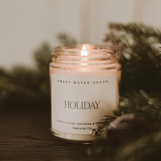 Sweet Water Decor Holiday Candle | Cloves, Pine, and Sandalwood Festive Christmas Winter Scented Soy Candles for Home | 9oz Clear Jar, 40 Hour Burn Time, Made in The USA