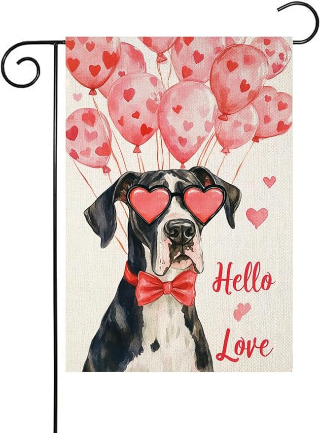 Valentine's Day Great Dane Hello Love Garden Flag, House Yard Plaid Love Heart Outside Decoration, Spring Holiday Wedding Anniversary Outdoor Small Decor 12x18(12628)