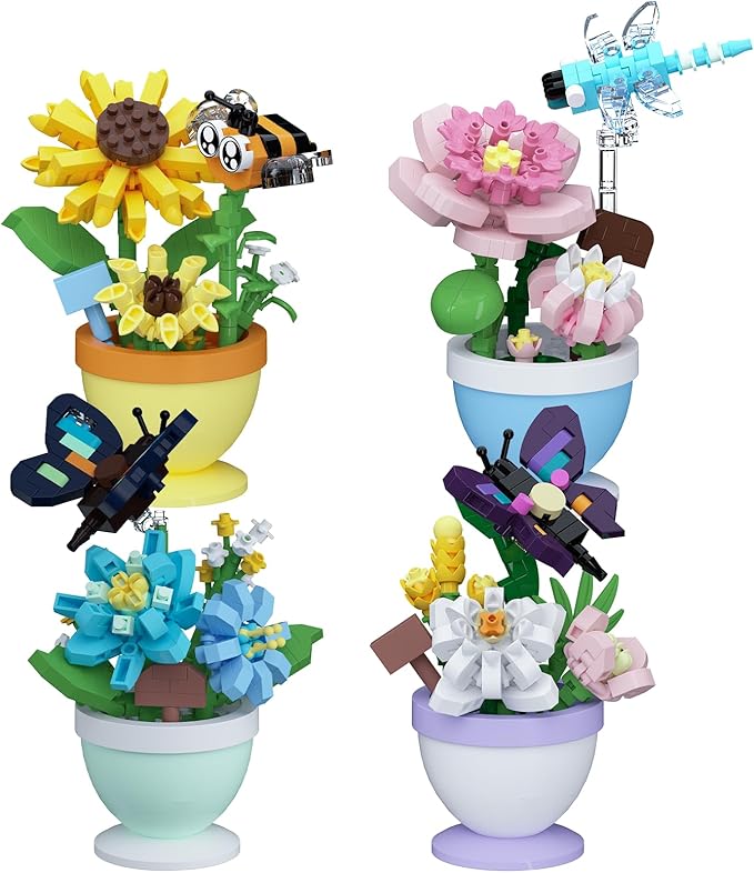 Sacblirr Set of 4 Mini Flower Bonsai with Cute Insects - DIY Potted Plant Building Blocks for Kids and Adults, Botanical Collection Decor Toy