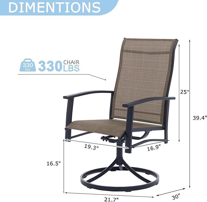 Outdoor Swivel Dining Chair Set of 2, All Weather Patio Dining Chair with Textilene High Back and Metal Frame for Backyard, Lawn Garde and Deck, Mocha