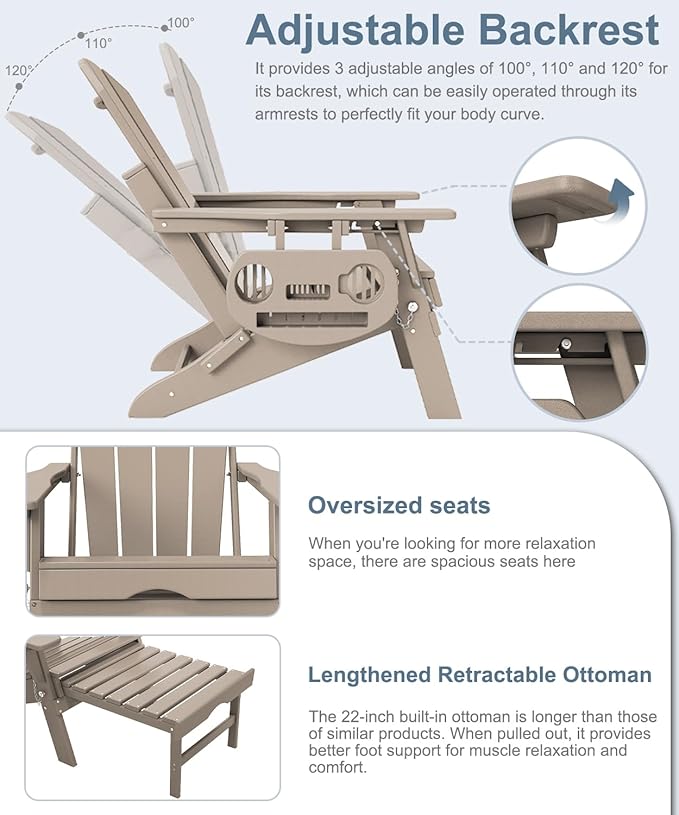 Adjustable Adirondack Chair with Retractable Ottoman Set of 6, HDPE Folding Adirondack Chair with Cup Holder, All Weather Fire Pit Chair for Outdoor.