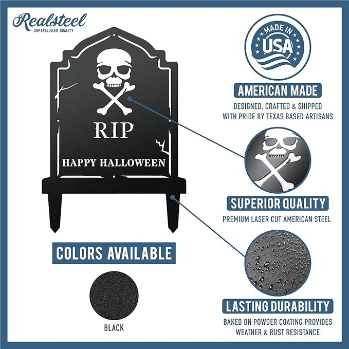 RealSteel Halloween Tombstone Monogram Decoration - Graveyard Skull Décor - Fall Yard Metal Stakes Display - Skeleton Front Garden Sign - Scary Customized Monogram - Spooky Horror Art