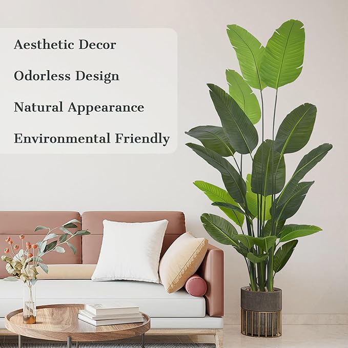 Bird of Paradise Plant Artificial 8ft - Tall Faux Plants Indoor with Realistic Trunks and 24 Vivid Leaves, 96 Inch Fake Tropical Floor Plants in Pot for Home Living Room Bedroom Office Indoor Decor