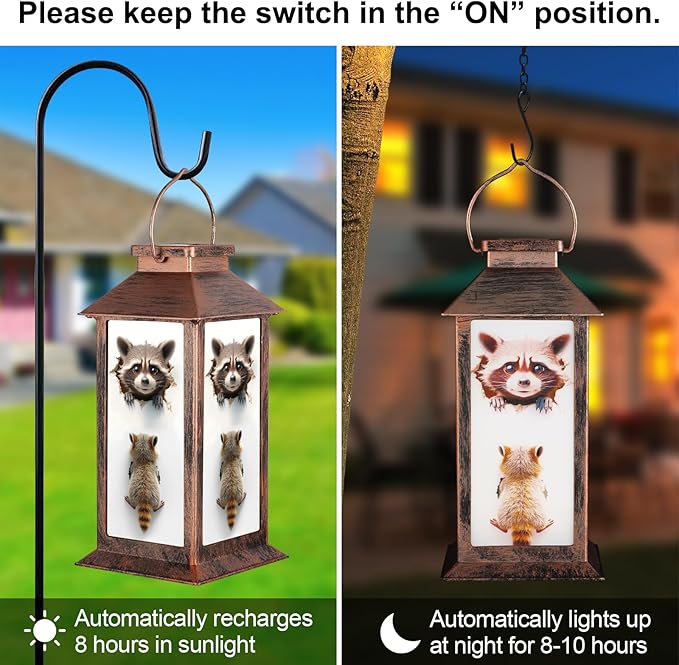 Pawatee Solar Hanging Lanterns, Bronze, Raccoon Style, 3 LED, Waterproof, Ideal for Garden, Patio, Lawn, and Porch