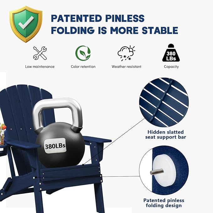 Plawdlik Folding Adirondack Chair Set of 6 with Cup Holder，Wooden Textured ，Heavy All-Weather HDPE Comfortable Set Poolside Backyard Lawn, Navy